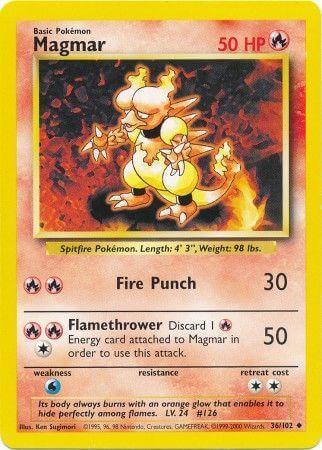 Magmar (36/102) [Base Set Unlimited] collectible Pokémon card featuring Fire type attributes and attack details.