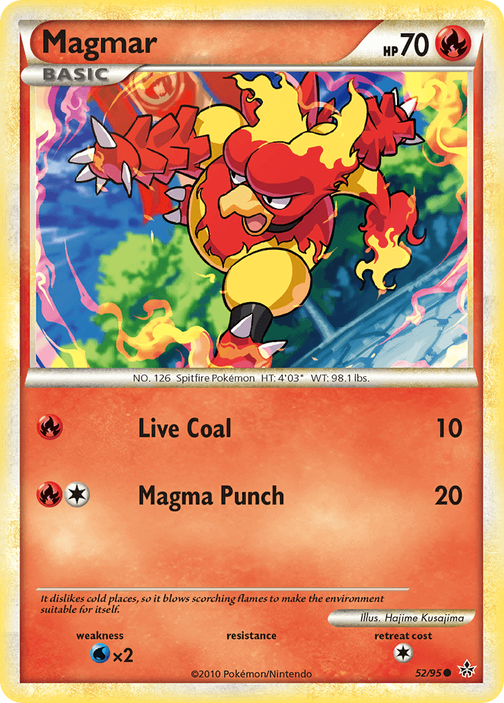 Magmar (52/95) [HeartGold & SoulSilver: Unleashed] Fire type card with attacks Live Coal and Magma Punch.