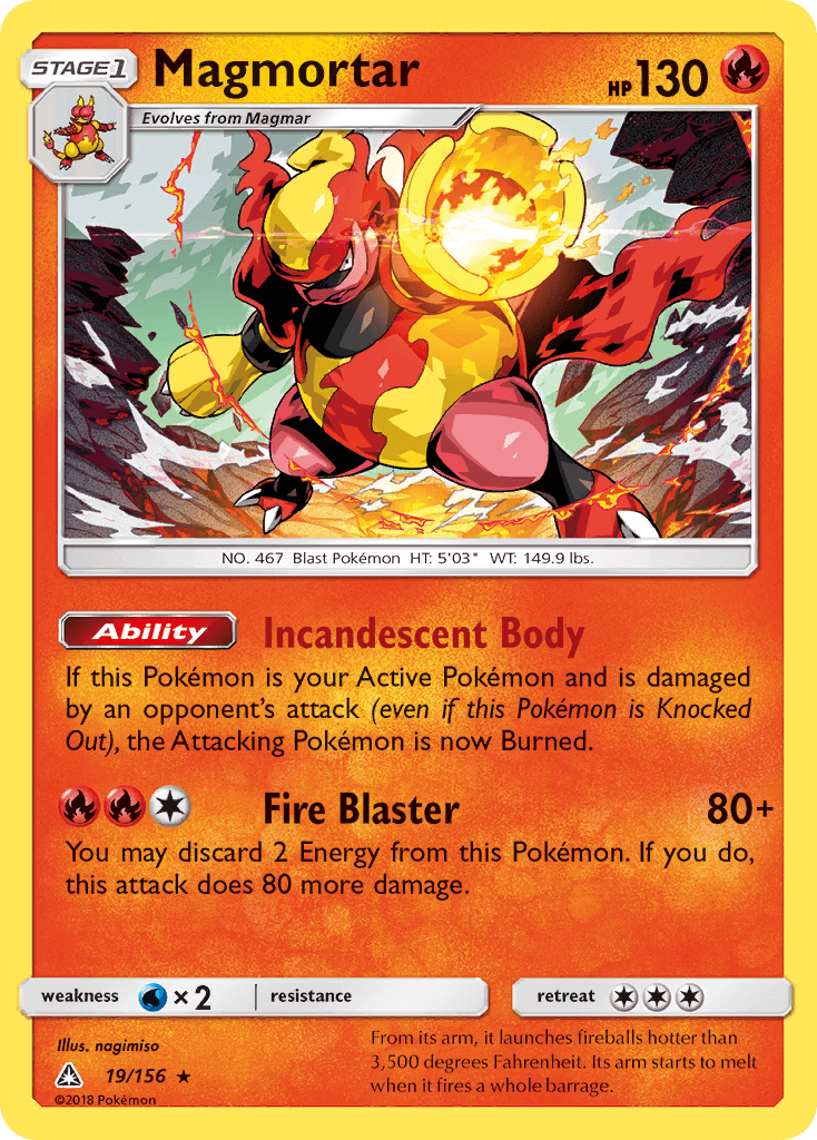 Magmortar (19/156) [Sun & Moon: Ultra Prism] Fire-type Pokémon card showcasing its abilities and rarity.