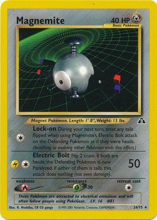 Magnemite (26/75) [Neo Discovery Unlimited] card showcasing its moves and stats, a rare metal Pokémon.
