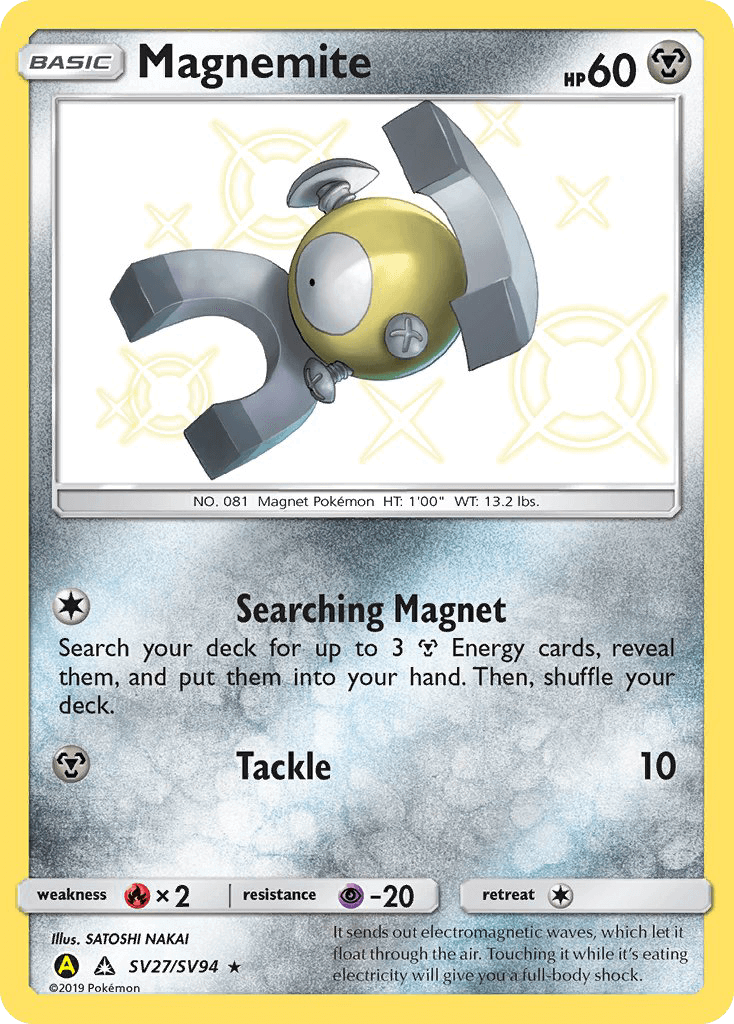 Magnemite (SV27/SV94) [Sun & Moon: Hidden Fates - Shiny Vault] card with Tackle move and Searching Magnet ability.