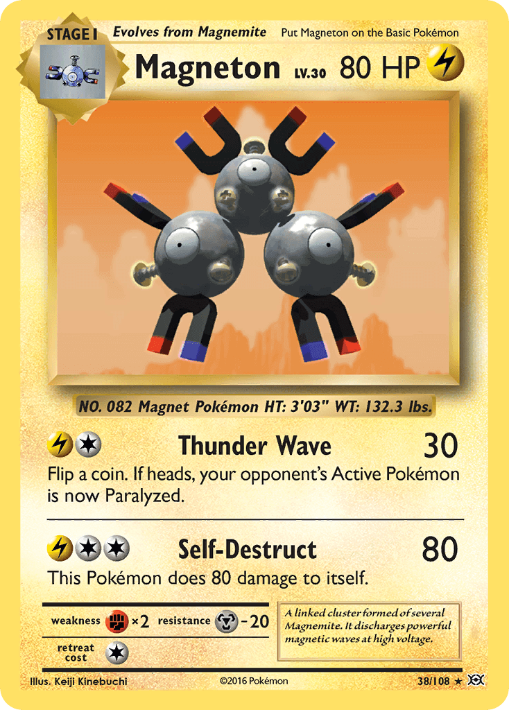 Magneton (38/108) [XY: Evolutions] Holo Rare card featuring Thunder Wave and Self-Destruct attacks.