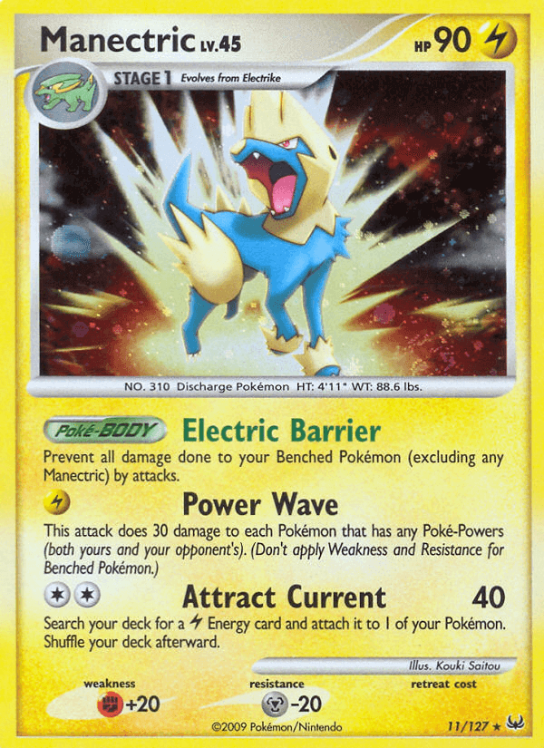 Manectric (11/127) [Platinum: Base Set] card featuring Electric Barrier and Power Wave abilities.