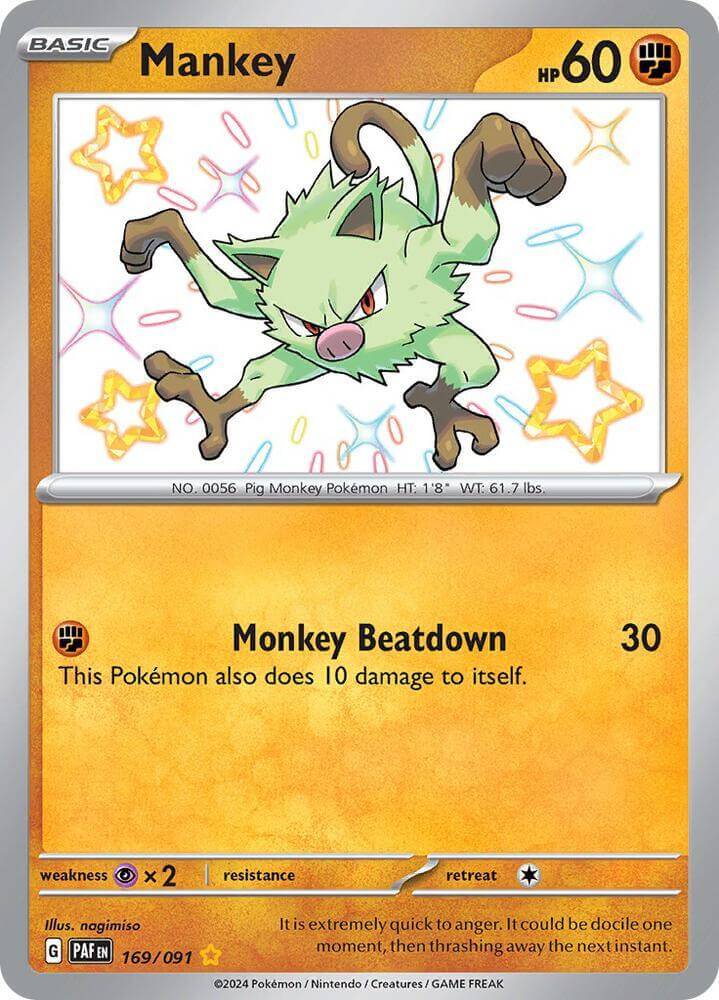 Mankey (169/091) [Scarlet & Violet: Paldean Fates] card featuring Monkey Beatdown attack with shiny rare design.