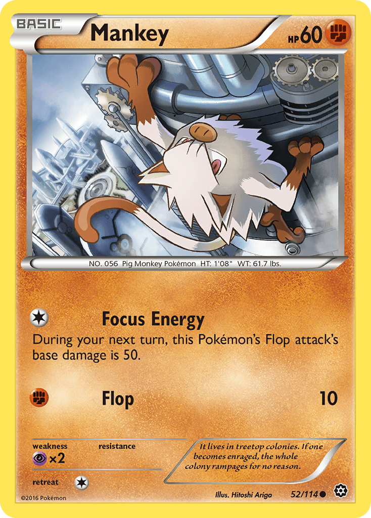 Mankey (52/114) [XY: Steam Siege] card featuring Fighting type, common rarity, and HP of 60.