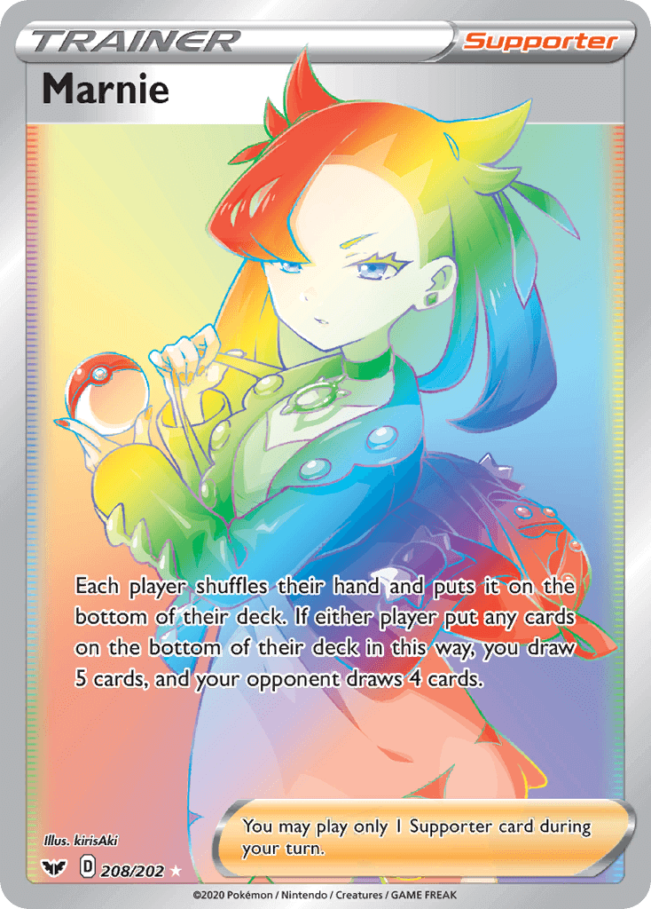 Marnie (208/202) [Sword & Shield: Base Set] card featuring vibrant artwork and supporter card details.