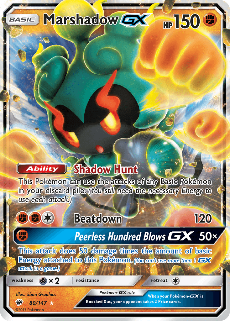 Marshadow GX (80/147) [Sun & Moon: Burning Shadows] card featuring abilities and attack details.