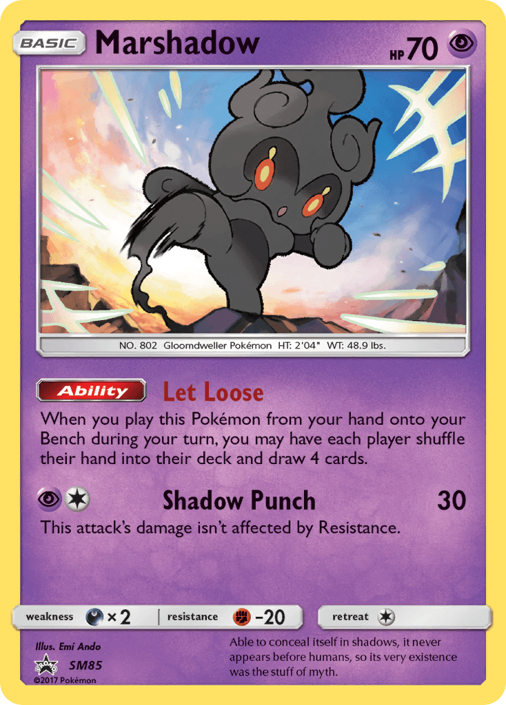 Marshadow (SM85) [Sun & Moon: Black Star Promos] card showcasing its abilities and psychic type attributes.