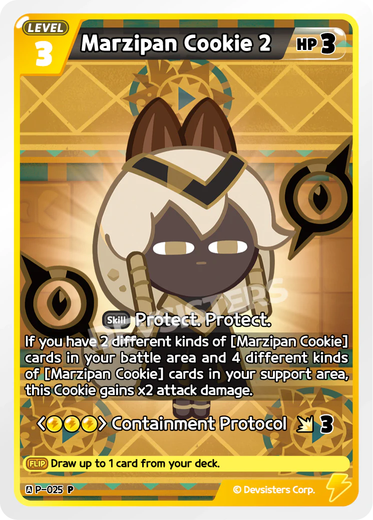 Marzipan Cookie 2 P-025 | Promo Card featuring skill details and card stats.