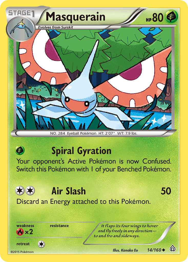Masquerain (14/160) [XY: Primal Clash] Grass type Pokémon card displaying Spiral Gyration and Air Slash moves.