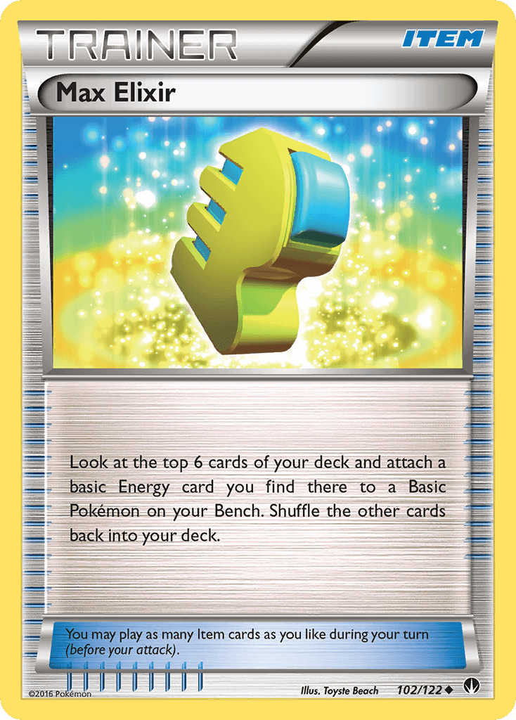 Max Elixir (102/122) [XY: BREAKpoint] collectible trading card featuring game instructions and item rarity.