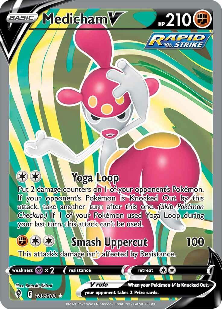 Medicham V (185/203) [Sword & Shield: Evolving Skies] trading card featuring Yoga Loop and Smash Uppercut attacks.