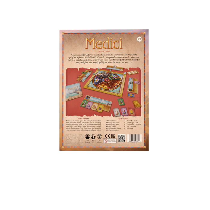 Medici: The Board Game box showing Renaissance-themed artwork and merchant trading visuals back