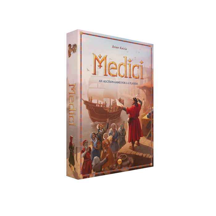 "Medici: The Board Game box showing Renaissance-themed artwork and merchant trading visuals"