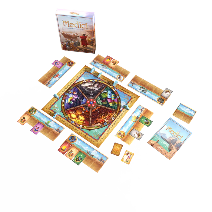 Medici board game components including player boards, auction tiles, coins, and ship cargo areas
