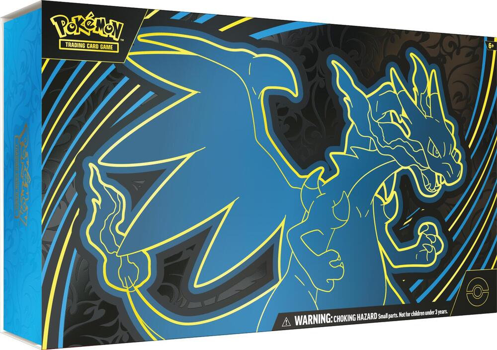 Mega Charizard Ultra Premium Collection box featuring blue outlined Mega Charizard design and warning label.