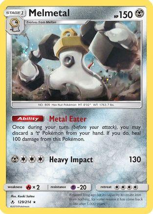 Melmetal (129/214) (Cosmos Holo) [Sun & Moon: Unbroken Bonds] card featuring HP and abilities.