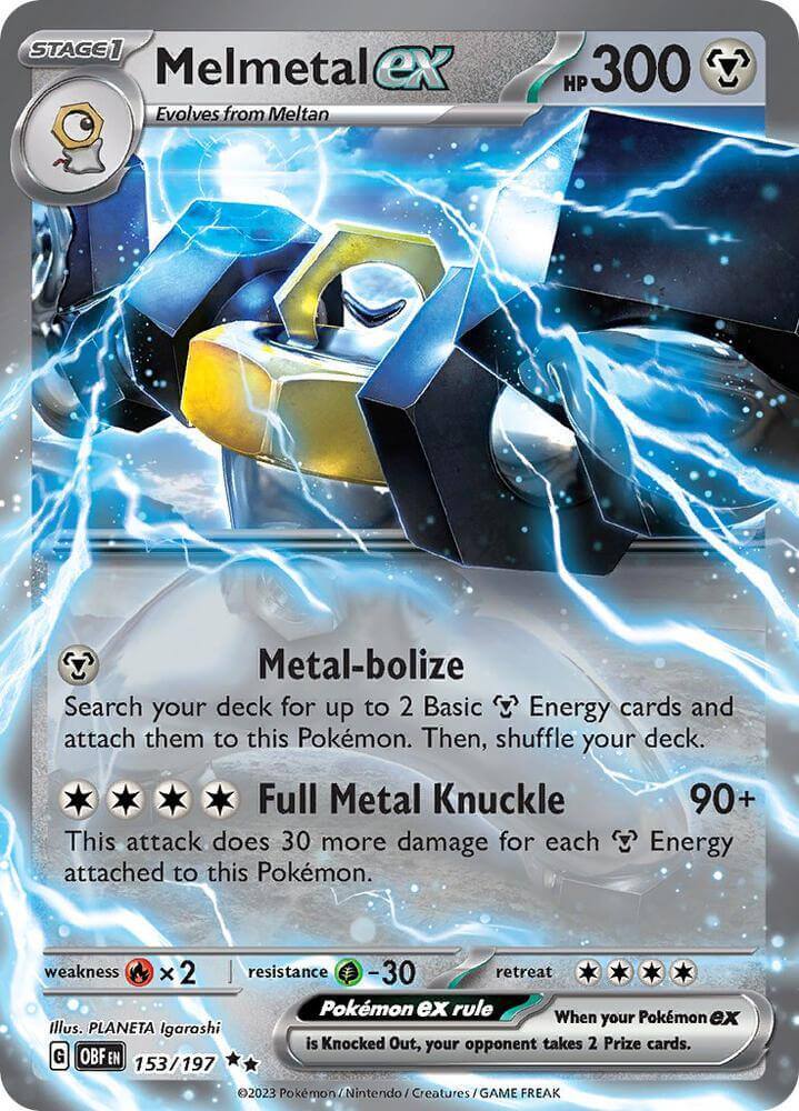 Melmetal ex (153/197) [Scarlet & Violet: Obsidian Flames] card showing HP 300 and Full Metal Knuckle attack.