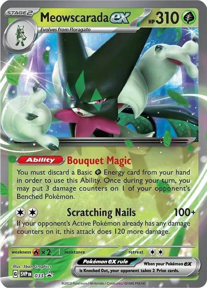 Meowscarada ex (033) [Scarlet & Violet: Black Star Promos] showcasing its Bouquet Magic ability and attack details.