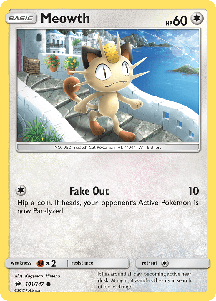 Meowth (101/147) [Sun & Moon: Burning Shadows] card featuring the Scratch Cat Pokémon by Kagemaro Himeino.