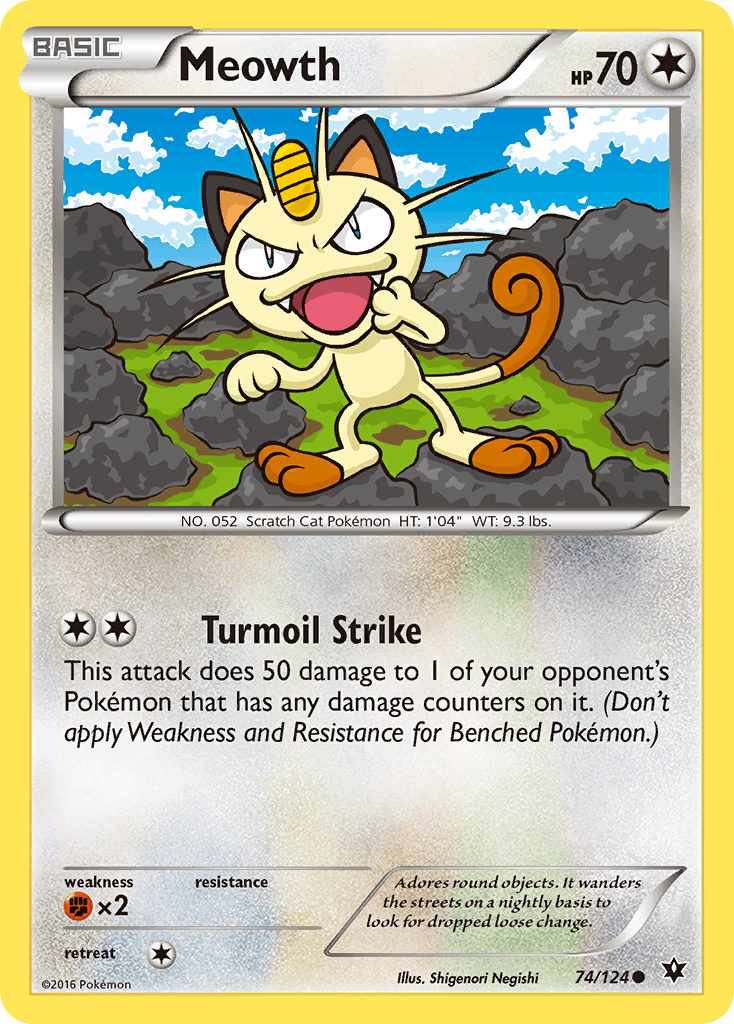 Meowth (74/124) [XY: Fates Collide] card featuring Turmoil Strike attack and colorful background.