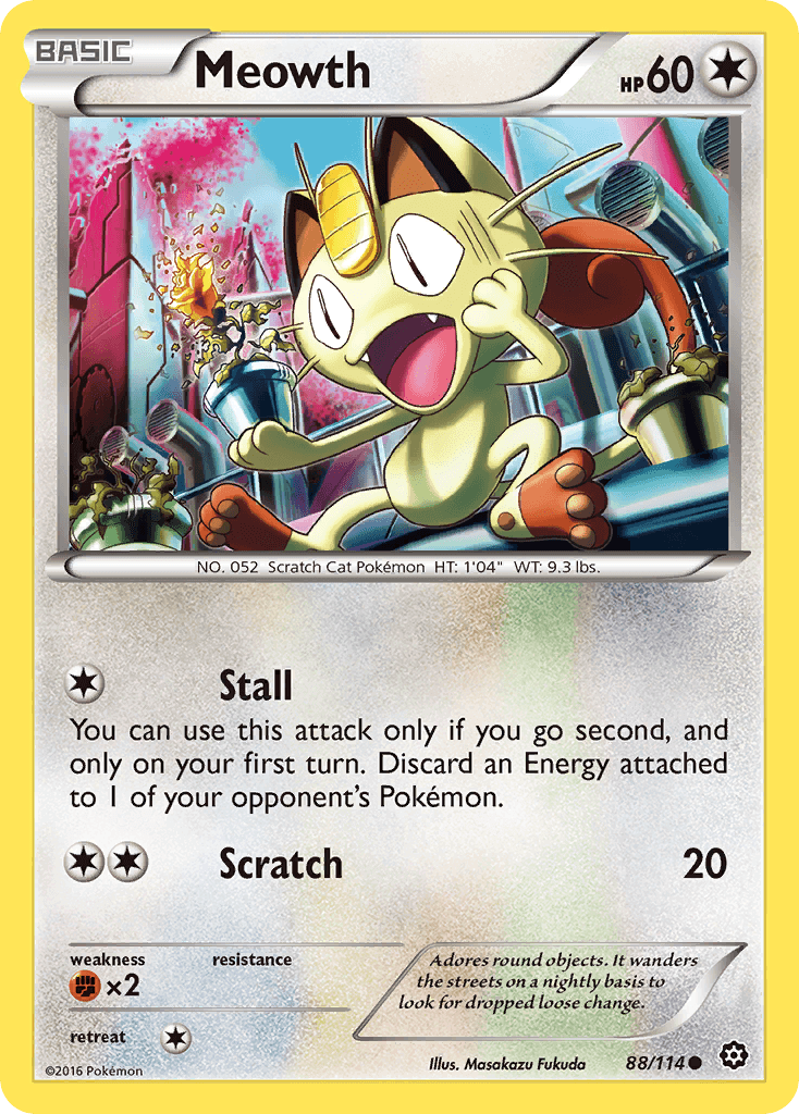 Meowth (88/114) [XY: Steam Siege] trading card featuring attack details and artwork.