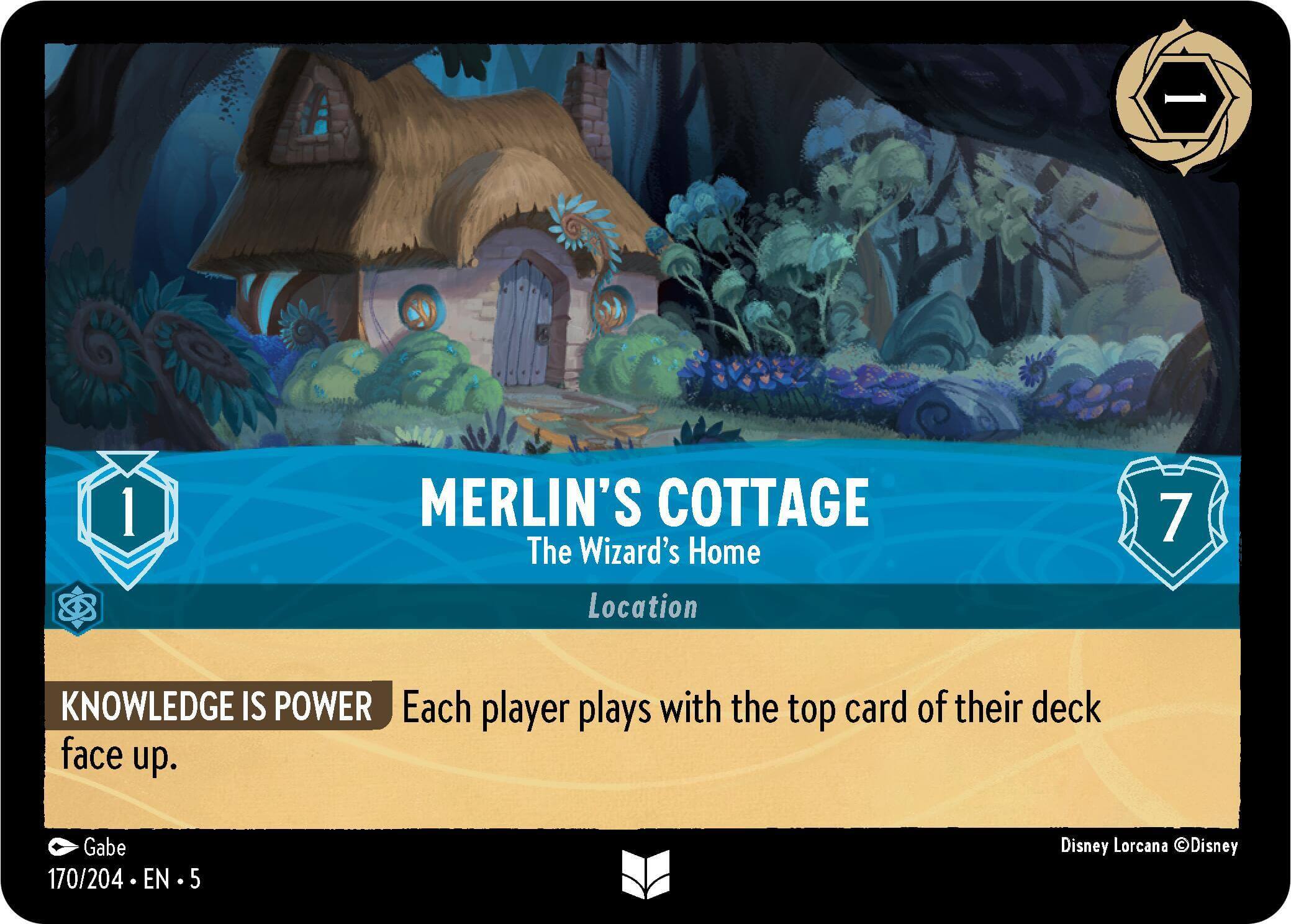 Merlin's Cottage - The Wizard's Home (170/204) [Shimmering Skies] card showing location details and effects.