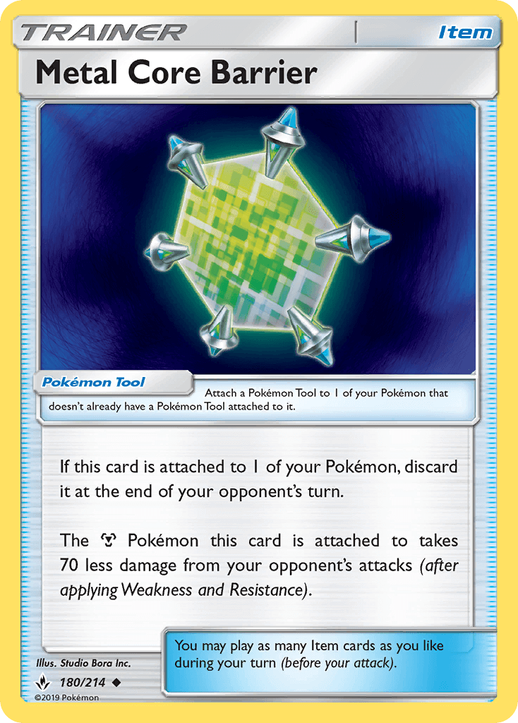 Metal Core Barrier (180/214) [Sun & Moon: Unbroken Bonds] card illustration showcasing its features.
