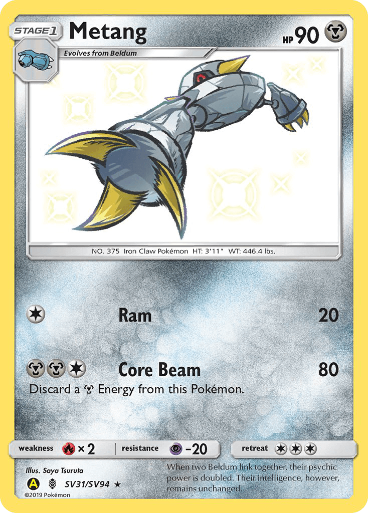 Metang (SV31/SV94) [Sun & Moon: Hidden Fates - Shiny Vault] holographic card with metallic design and stats.