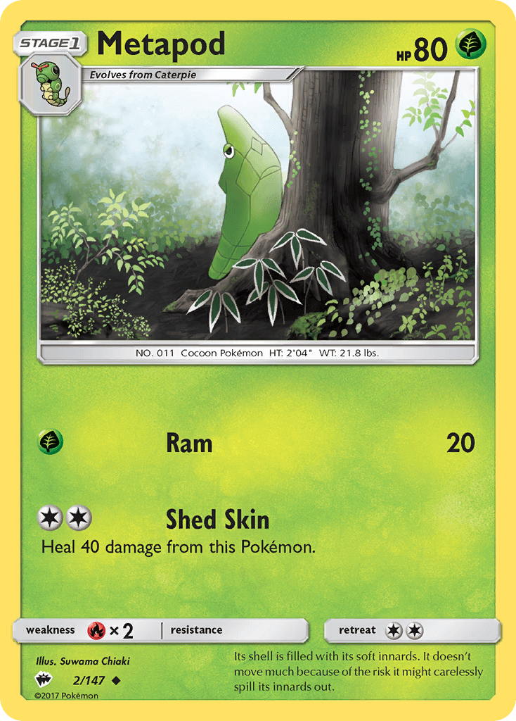 Metapod (2/147) [Sun & Moon: Burning Shadows] Pokémon card featuring Grass type and uncommon rarity.
