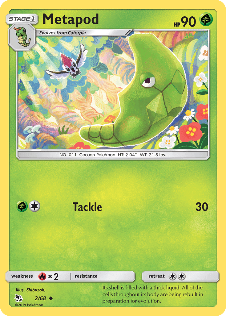 Metapod (2/68) [Sun & Moon: Hidden Fates] collectible card featuring Grass type and uncommon rarity.