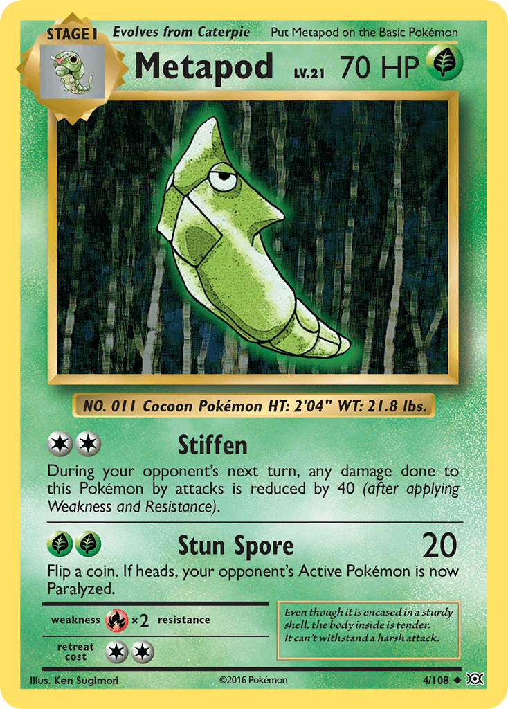Metapod (4/108) [XY: Evolutions] card featuring its abilities and stats with a green background.