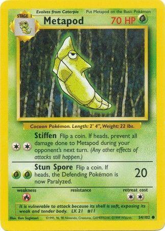 Metapod (54/102) [Base Set Unlimited] card showcasing HP, abilities, and retreat cost, featuring Grass type Pokémon.