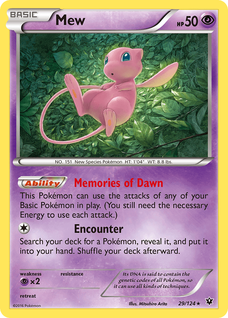 Mew (29/124) [XY: Fates Collide] holographic card with abilities Memories of Dawn and Encounter.
