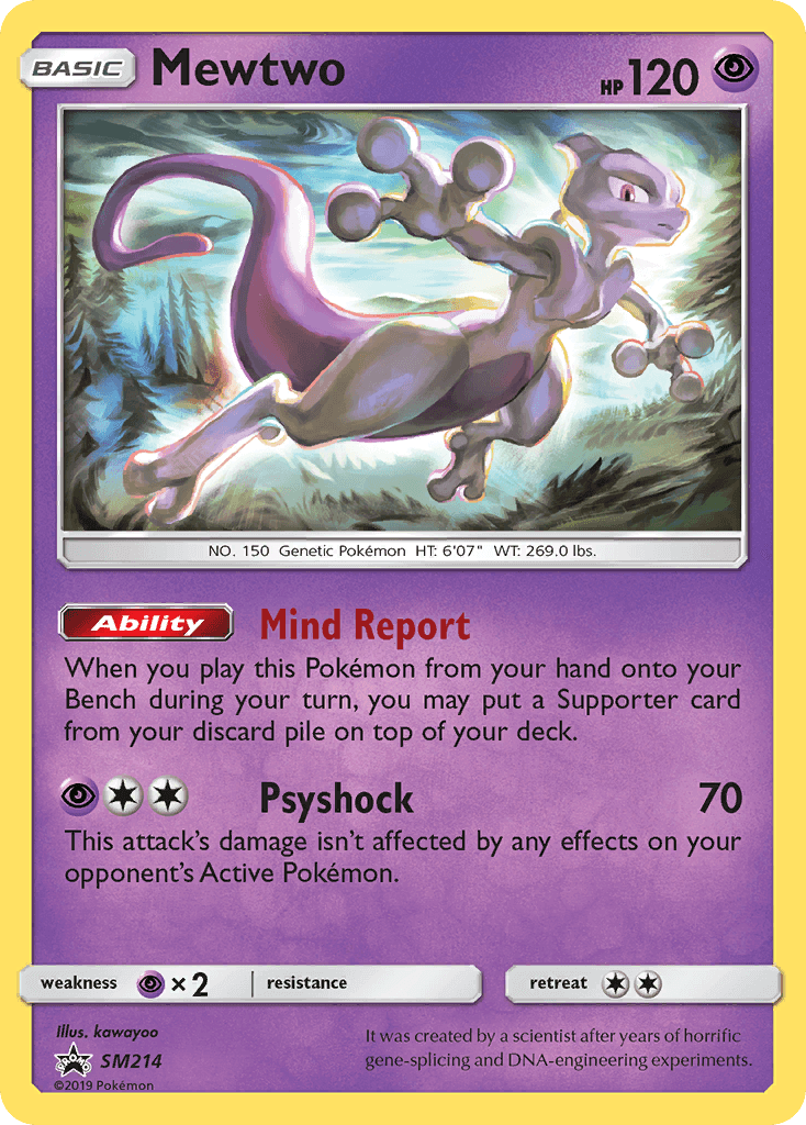 Mewtwo (SM214) [Sun & Moon: Black Star Promos] card featuring Psychic abilities and high HP.