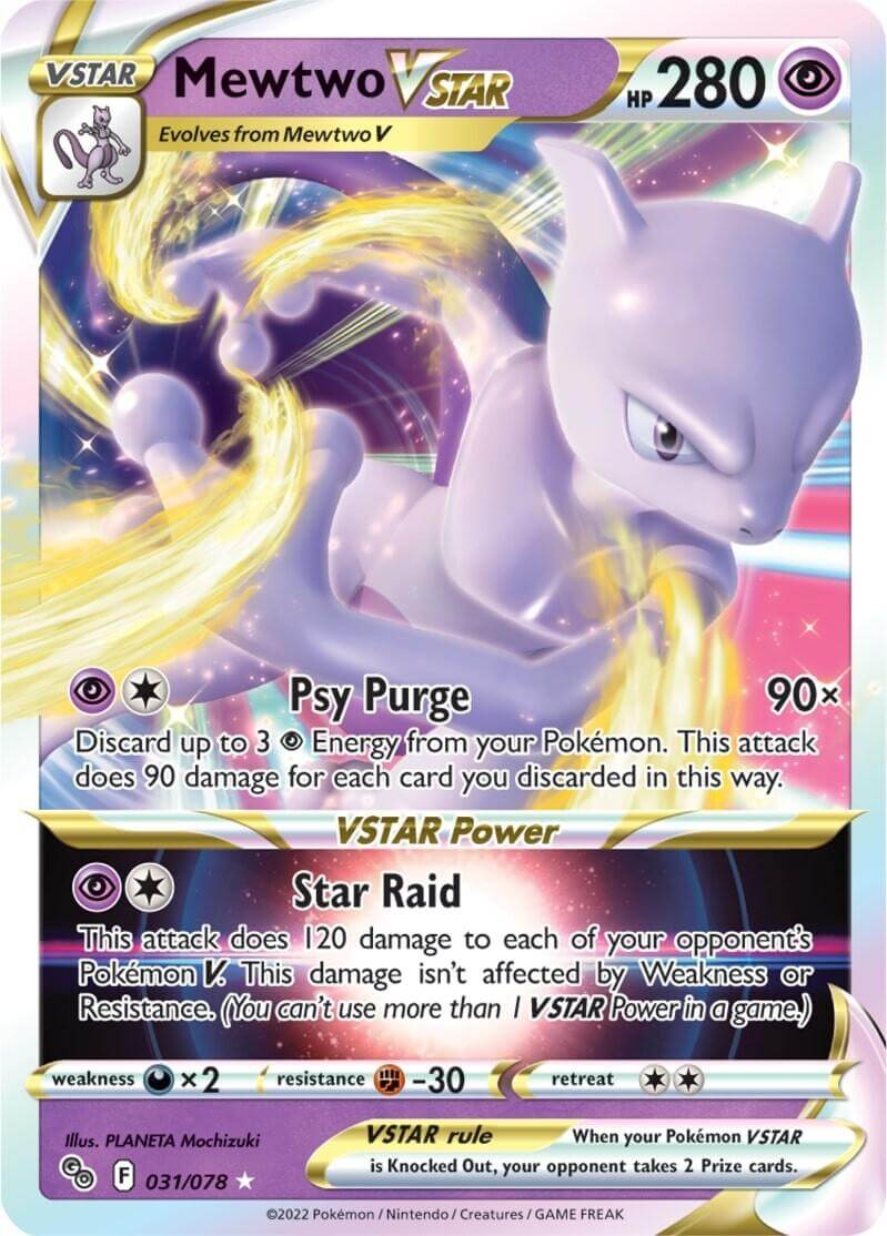 Mewtwo VSTAR (031/078) [Pokémon GO] card showcasing Psy Purge and Star Raid abilities with colorful graphics.