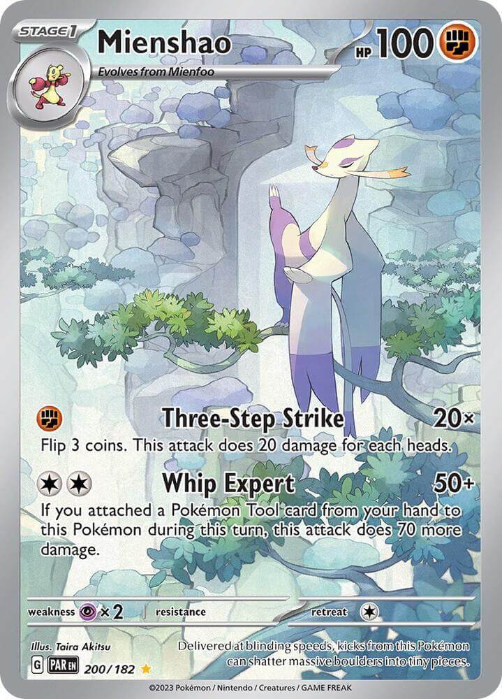 Mienshao (200/182) [Scarlet & Violet: Paradox Rift] illustration featuring Three-Step Strike and Whip Expert attacks.