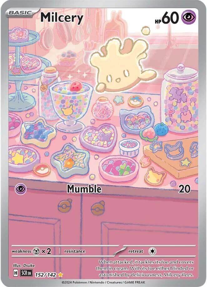 Milcery (152/142) [Scarlet & Violet: Stellar Crown] card featuring cute pastel sweets and a playful Milcery character.