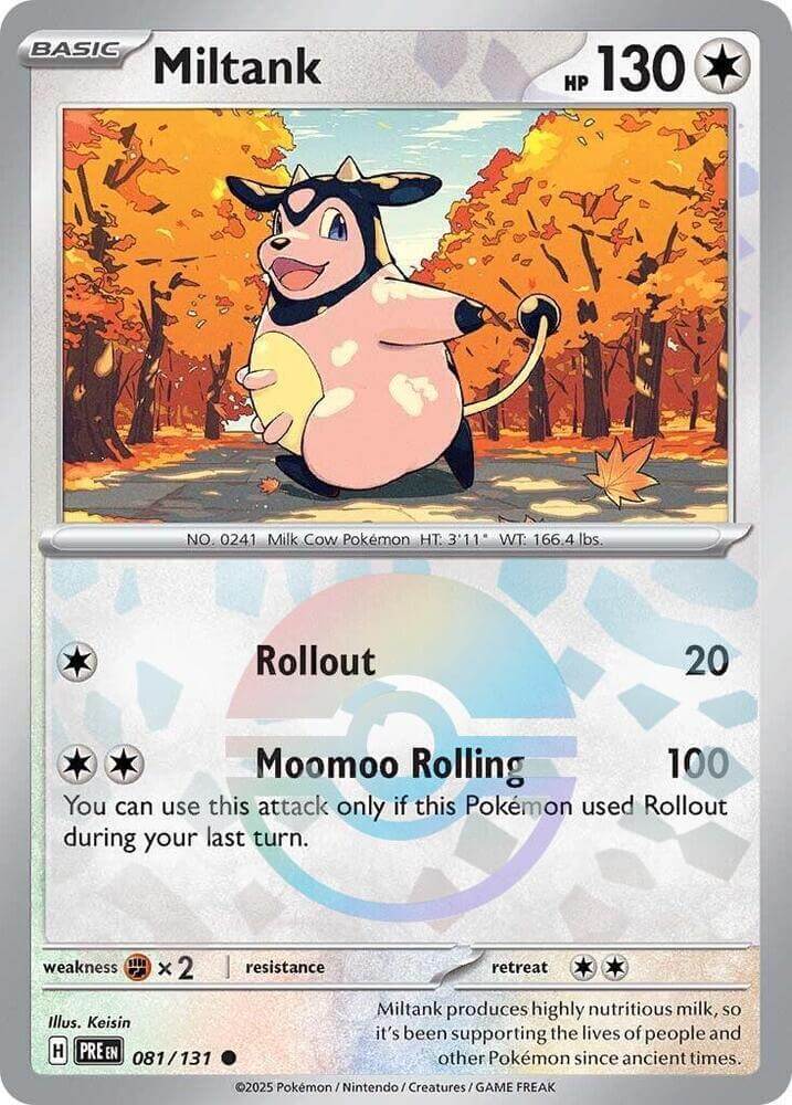 Miltank (081/131) (Poke Ball Pattern) [Scarlet & Violet: Prismatic Evolutions] card showcasing a playful Miltank in a colorful landscape.