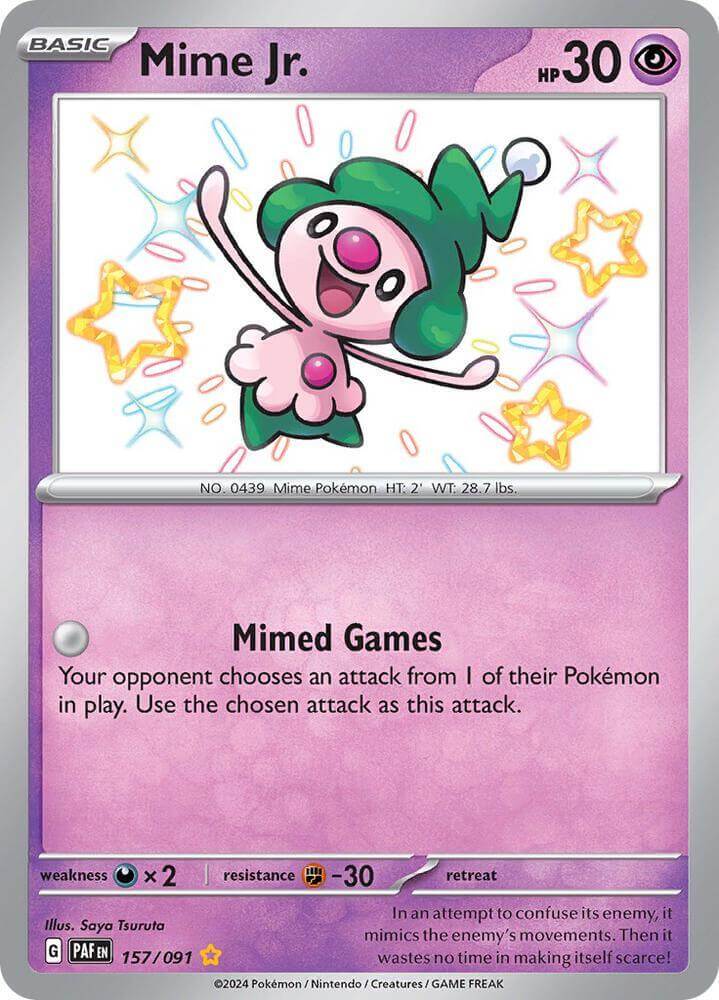 Mime Jr. (157/091) [Scarlet & Violet: Paldean Fates] card displaying Mimed Games ability and shiny rare features.