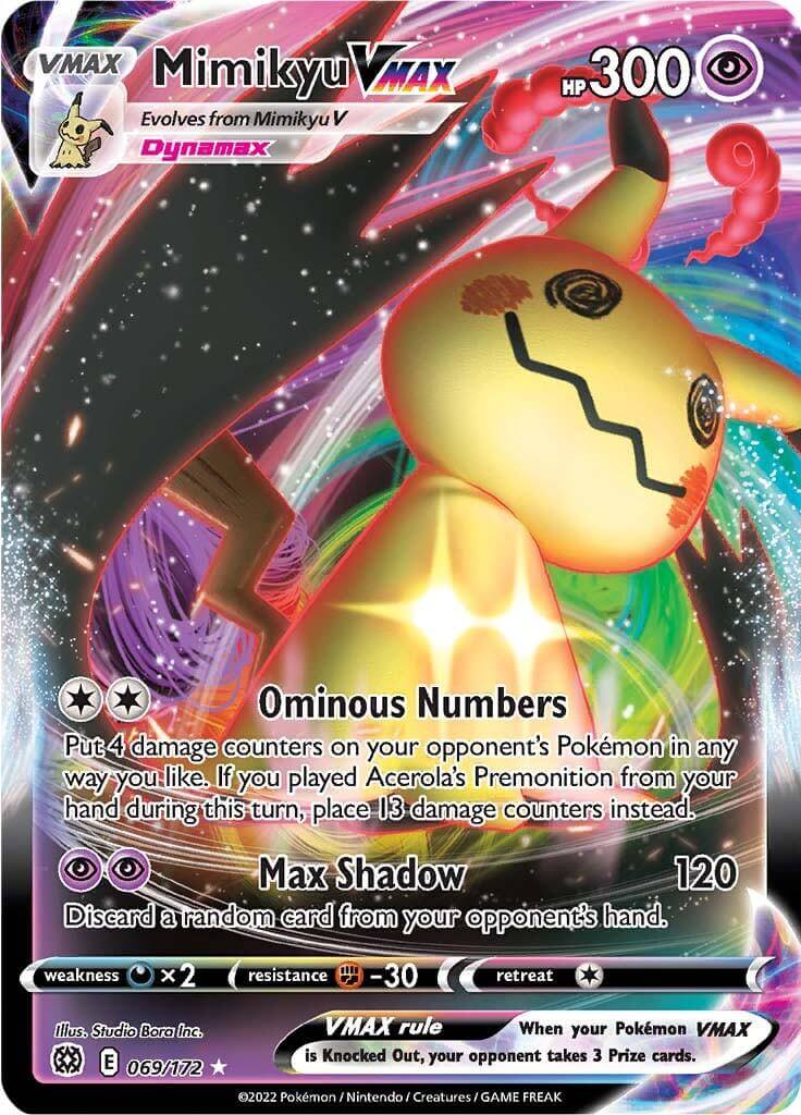 Mimikyu VMAX (069/172) [Sword & Shield: Brilliant Stars] card showcasing its Psychic abilities and Ultra Rare rarity.
