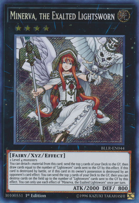 Minerva, the Exalted Lightsworn [BLLR-EN044] Secret Rare Xyz/Effect Monster image with stats and abilities.