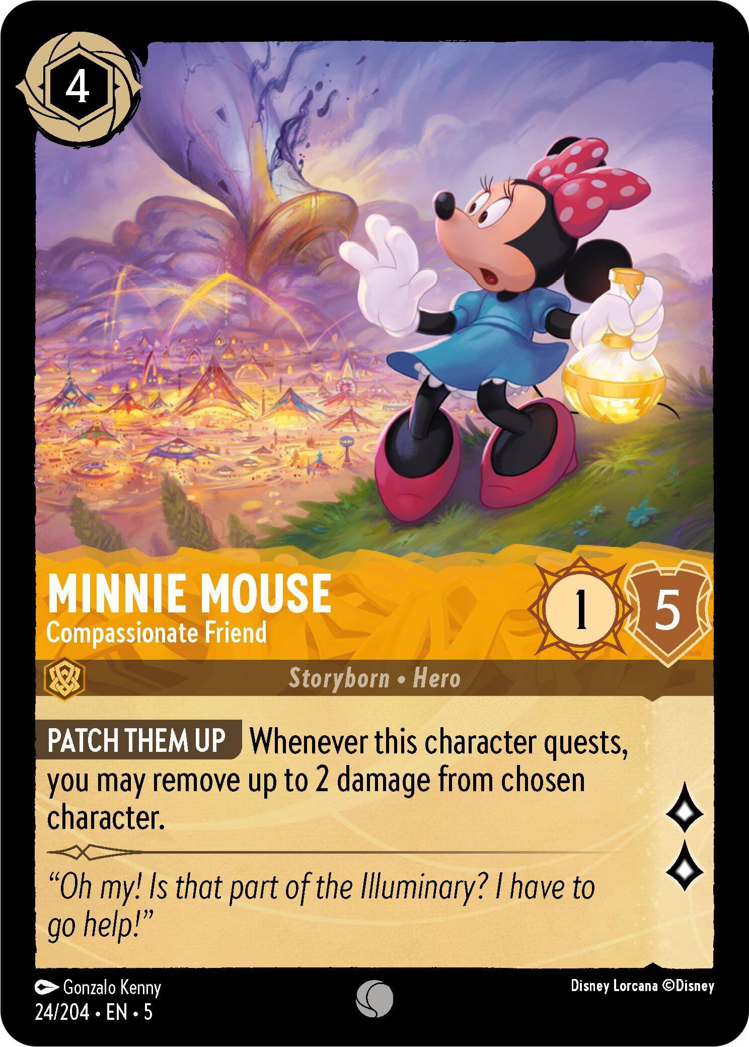 Minnie Mouse - Compassionate Friend (24/204) [Shimmering Skies] card featuring artwork and abilities.