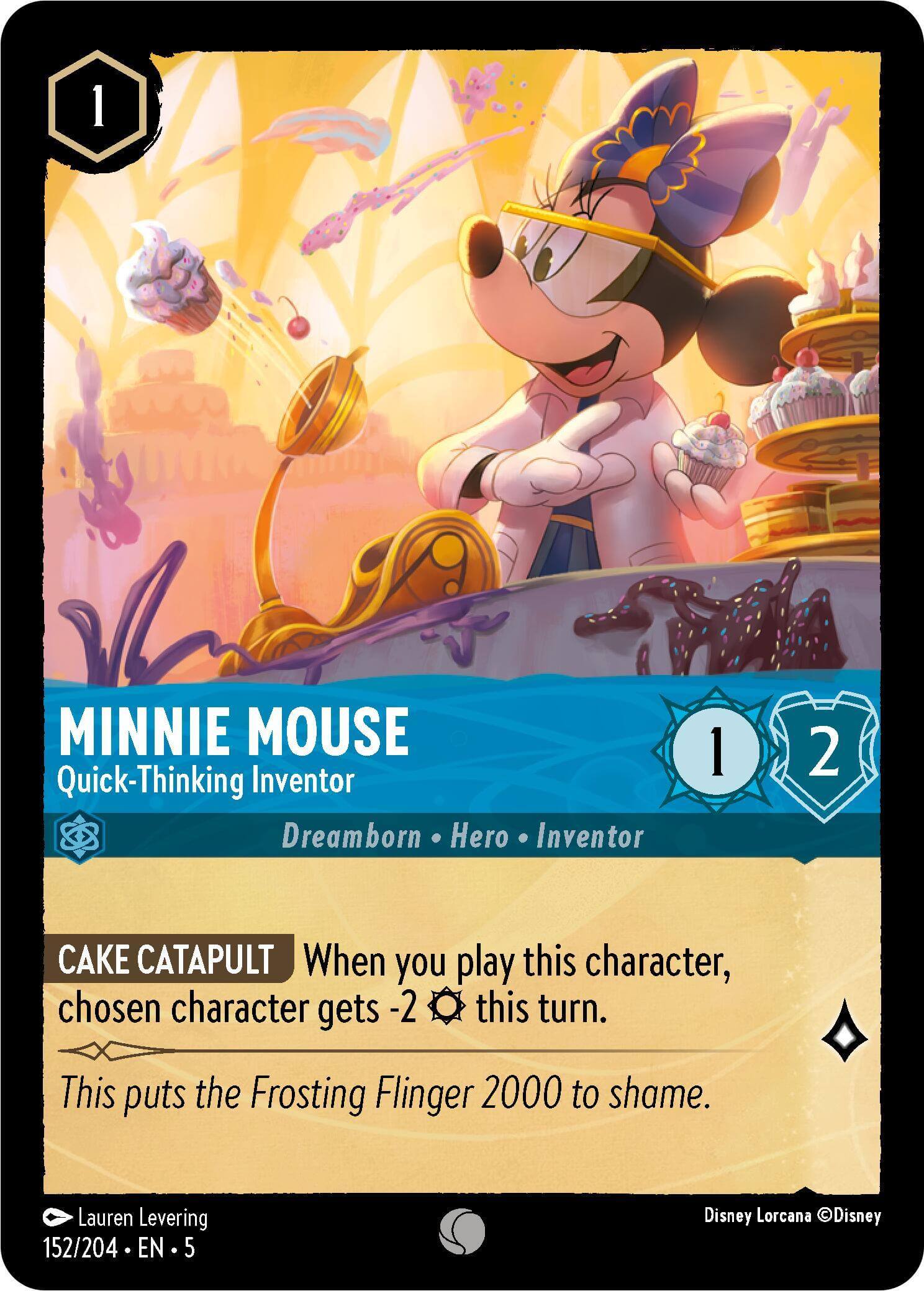 Minnie Mouse - Quick-Thinking Inventor (152/204) [Shimmering Skies] showcasing character abilities and flavor text.