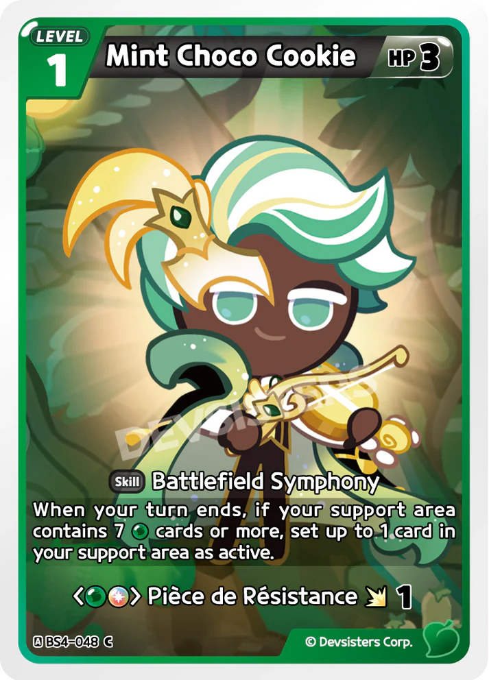 Mint Choco Cookie BS4-048 C | Common Cookie character card featuring Battlefield Symphony skill.