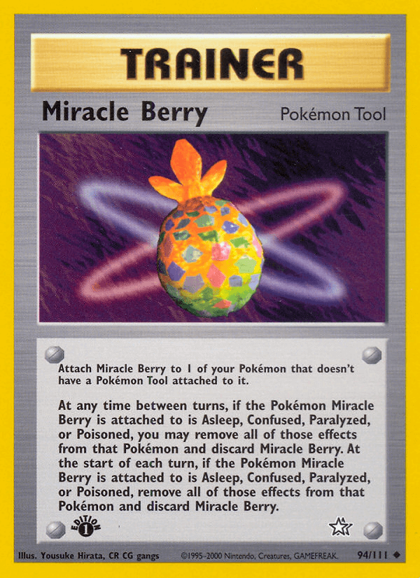 Miracle Berry (94/111) [Neo Genesis 1st Edition] Pokémon Tool item card featuring a colorful berry design.