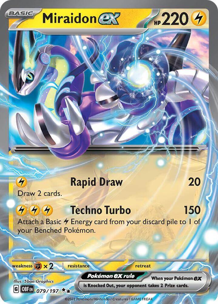 Miraidon ex (079/197) [Scarlet & Violet: Obsidian Flames] card featuring Rapid Draw and Techno Turbo moves.