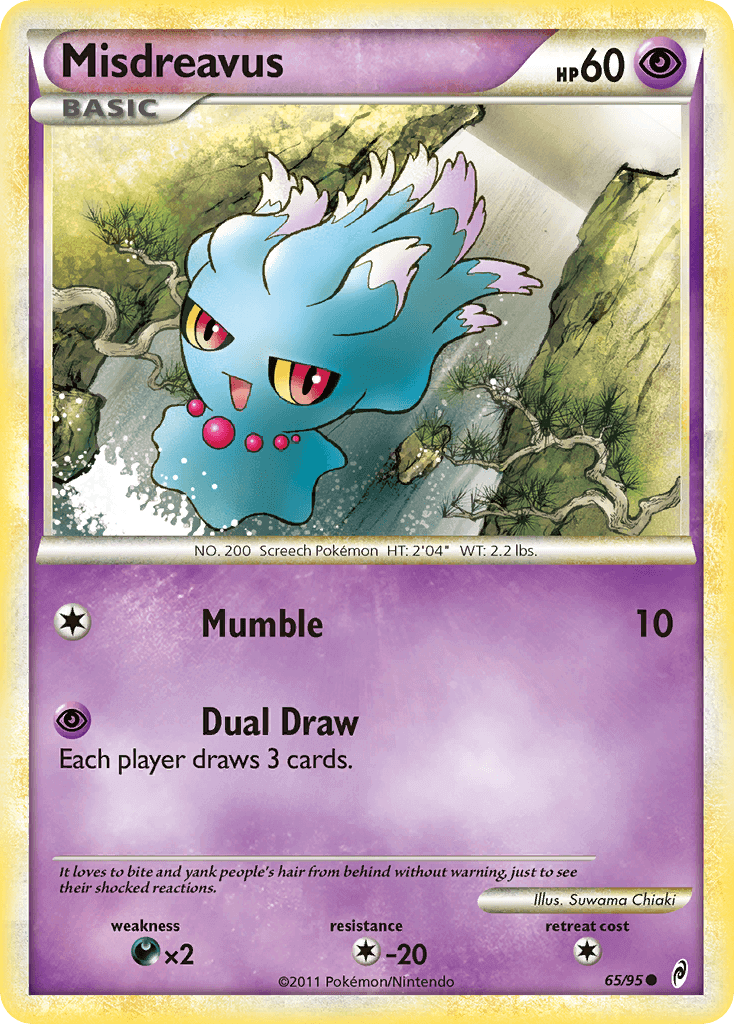 Misdreavus (65/95) [HeartGold & SoulSilver: Call of Legends] Psychic type card with Mumble and Dual Draw moves.