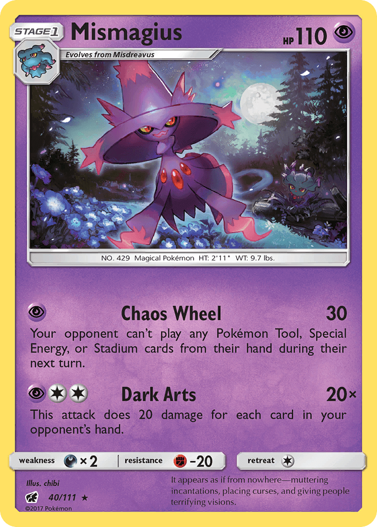 Mismagius (40/111) [Sun & Moon: Crimson Invasion] Psychic Rare card featuring Chaos Wheel and Dark Arts attack.