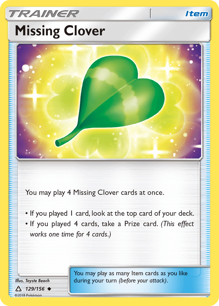 Missing Clover (129/156) [Sun & Moon: Ultra Prism] card with green clover and glowing background.